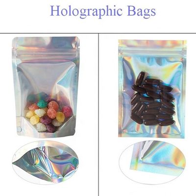 comprar 0.5OZ Bolsa Holográfica em pé Bolsas de zinco de prata Bolsas de papel de alumínio com entalhe online manufacture
