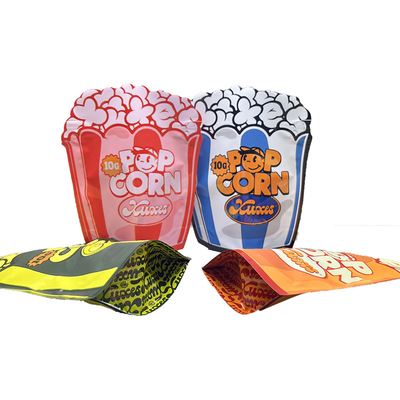 A pipoca dá forma a Mylar levanta-se a parte superior feita sob encomenda do Ziplock da forma irregular do malote